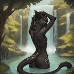 anthro bathing beak black_body black_fur breasts butt female fur green_sclera long_tail neck_tuft slim small_breasts solo spots spotted_body spotted_fur tuft waterfall morrian shadow_(oldhroft) avian velari hi_res