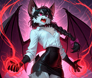 abstract_background angry angry_expression anthro bat_ears bow_ribbon braided_hair choker female hair jewelry magic membrane_(anatomy) membranous_wings necklace office_clothing pink_eyes short_tail solo spread_wings tuft wings loren_iipsum magna bat mammal hi_res
