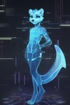 ambiguous_gender anthro blue_body blue_eyes hologram lutrine mammal mustelid prompt solo translucent translucent_body voidfly_(director)