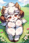 anthro big_breasts bovid breasts caprine digital_media_(artwork) female forest fur hair hi_res horn looking_at_viewer mammal nipples nude plant seductive sheep shinyluxio sitting smile solo solo_focus tree white_body white_fur