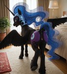 absurd_res animal_genitalia animal_pussy anus black_body blue_eyes blue_hair butt carpet cosmic_hair cutie_mark equid equine equine_pussy ethereal_hair feathered_wings feathers female feral fur genitals hair hi_res horn horse_ears inside looking_at_viewer looking_back looking_back_at_viewer mammal my_little_pony nightmare_moon_(mlp) orangekitsune photorealistic plant plant_pot presenting presenting_hindquarters presenting_pussy pupils pussy raised_tail slit_pupils solo unicorn_horn winged_unicorn wings