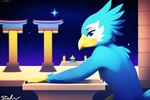 anthro attempted_signature avian avian_(starbound) beak bird blue_body blue_eyes blue_feathers feather_hair feather_tuft feathers furniture male night night_sky pseudo_hair scuted_hands scutes sergalbutt smile solo star starbound table tail_feathers temple tuft yellow_beak