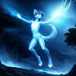 action_pose anthro blue_body blue_eyes blue_fur blue_hair breasts detailed_background electricity facial_tuft featureless_breasts featureless_crotch female floating fog front_view fur glowing hair hill inner_ear_fluff lightning looking_away magic nature navel night outside plant pose raised_arms rock skinny sky slim smile solo spread_arms tree tuft argon-42 elemental_creature elemental_humanoid humanoid spirit detailed full-length_portrait hi_res portrait