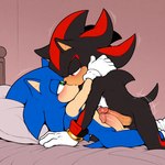 anthro balls bed big_penis blush bodily_fluids clothing duo embrace erection footwear frottage furniture genital_fluids genitals gloves grinding handwear hug kissing leaking_precum lying male male/male motion_lines on_back penis precum sex socks sonic_the_hedgehog_(series) onevice shadow_the_hedgehog sonic_the_hedgehog eulipotyphlan hedgehog mammal hi_res