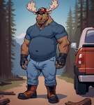 anthro antlers baseball_cap beard boots bottomwear brown_body brown_fur bulge clothed clothing denim denim_clothing facial_hair fingerless_gloves footwear forest frown fully_clothed fur glare gloves handwear hat headgear headwear horn jeans looking_at_viewer male manly musclegut muscular muscular_male navel_outline outside pants plant shirt solo standing t-shirt teeth topwear tree truck_(vehicle) vehicle fox1400 capreoline cervid mammal moose absurd_res full-length_portrait hi_res portrait watermark