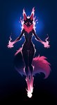 abstract_background angry anthro black_body black_fur breasts chest_tuft digitigrade elemental_manipulation featureless_breasts featureless_crotch female fire fire_manipulation fluffy fluffy_tail fur looking_at_viewer neck_tuft nude paws pink_body pink_eyes pink_fur robotic slim small_breasts solo tall thigh_gap tuft seli-32 canid canine canis mammal absurd_res hi_res