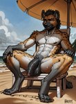 abs anthro athletic balls beach big_balls big_penis bodily_fluids casual_nudity flaccid foreskin fur genitals heavy_balls hi_res huge_balls humanoid_genitalia humanoid_penis hyaenid male mammal nipples nude parasol partially_retracted_foreskin penis pubes saggy_balls seaside sitting solo spots spotted_body spotted_fur spread_legs spreading sweat sweaty_balls sweaty_genitalia thick_penis unknown_director vein