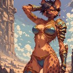 amber_eyes anthro armor bikini bikini_armor black_hair clothing desert female fur hair jewelry navel navel_piercing orange_body orange_fur piercing ruins short_hair solo spots spotted_body spotted_fur swimwear unconvincing_armor meara canid canine hyaenid mammal hi_res