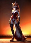 anthro armwear canid canine clothing corset danton female fox fox_tail fur jewelry legwear lingerie mammal multicolored_body necklace orange_body orange_fur solo stockings topwear