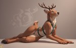 anatomically_correct anthro antlers black_nose breasts brown_body brown_fur chest_harness christmas christmas_clothing clothing dancing deer_ears eyebrows female flat_chested fur genitals hair harness hooves horn laying lying male multicolored_body multicolored_fur nipples nose nude photo_shoot pinup pose pussy simple_background solo tail_tuft tan_body tuft white_body white_fur artist:wolfchime capreoline cervid mammal reindeer