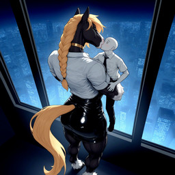 anthro black_bottomwear black_clothing black_necktie black_skirt blonde_hair bottomwear braided_hair carrying_partner choker city cityscape clothing duo female hair jewelry larger_female male muscular muscular_female necklace necktie shirt size_difference skirt smaller_male topwear white_clothing white_shirt white_topwear anonymous_director anon clydesdale draft_horse equid equine horse human humanoid mammal hi_res