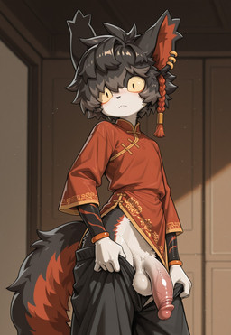 anthro asian_clothing balls big_penis blush bottomwear bottomwear_down braided_hair chinese_clothing clothed clothing ear_piercing ear_ring east_asian_clothing flaccid genitals gloves hair handwear holding_bottomwear holding_clothing holding_object holding_pants humanoid_genitalia humanoid_penis inside male pants pants_down pants_undone partially_clothed penis piercing ring_piercing shirt solo standing topwear wide_eyed ratori aak_(arknights) domestic_cat felid feline felis mammal hi_res