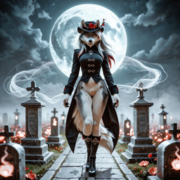 anthro bottomless cemetery clothed clothing dress female genitals looking_at_viewer pussy solo walking_towards_viewer denis0k canid canine canis mammal wolf
