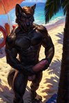 abs anthro athletic athletic_male balls beach beach_umbrella big_penis black_body black_fur black_nose erection foreskin fur genitals hair holding_penis humanoid_genitalia humanoid_penis looking_at_viewer male navel nipples nude outdoor_nudity outdoors outside palm_tree penis plant sand sea seaside shadow solo tree water cynfall_northcote canid canine mammal