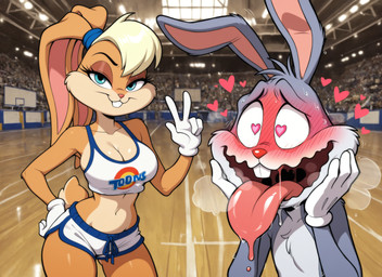 4_fingers <3 <3_eyes anthro athletic_wear big_breasts blonde_hair blue_clothing blue_eyes blush blush_lines bodily_fluids bottomwear breasts breath buckteeth cleavage clothed clothing countershading crop_top dolphin_shorts drooling duo eyelashes female female_anthro fingers fur gesture gloves grey_body grey_fur hair hand_gesture handwear heart_symbol long_ears looking_at_viewer male male/female male_anthro midriff multicolored_body multicolored_fur narrowed_eyes navel open_mouth orange_body pink_tongue saliva shirt short_tail shorts smile sportswear sweat tail tan_body tan_fur tank_top teeth text text_on_clothing text_on_shirt text_on_topwear tongue tongue_out topwear uniform v_sign white_bottomwear white_clothing white_gloves white_handwear white_topwear gridanon looney_tunes bugs_bunny lola_bunny lagomorph leporid mammal rabbit hi_res stable_diffusion