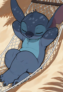 big_ears blue_body claws crossed_legs disney eyes_closed fur hammock hands_behind_head male palm_tree plant raised_arms sand shadow sleeping solo tree maxoggami lilo_and_stitch stitch_(lilo_and_stitch) alien experiment_(lilo_and_stitch) hi_res