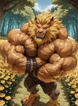 5_toes anthro bara barefoot biceps big_muscles blue_eyes clothed clothing collar crossed_arms ear_piercing ear_ring elbow_tuft feet fur huge_muscles male muscular one_eye_closed open_mouth orange_body orange_fur pecs piercing plantigrade ring_piercing solo toes topless veiny_muscles veiny_pecs vanzilen digimon_(species) felid leomon lion mammal pantherine hi_res