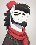 anthro beard black_facial_hair black_hair clothed clothing eyebrows facial_hair feral fur hair hat headgear headwear inner_ear_fluff looking_at_viewer male narrowed_eyes scarf shirt simple_background smile solo topwear tuft white_body white_fur yellow_eyes aphid butterwolf earth_pony equid equine horse mammal pony absurd_res bust_portrait hi_res portrait