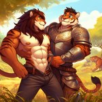 abs anthro armor bottomwear bulge clothing duo felid feral_tiger field grass lion male male/male mammal nipples pantherine pants plant shirtless tiger tree undressing zidanes123