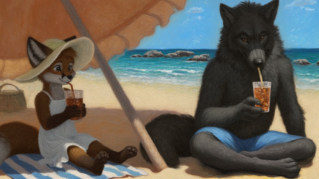 age_difference anthro beach bedding black_body black_fur blanket chroma_(model) crossed_legs cub drinking duo female fur light male male/female orange_body orange_fur outside sea seaside sitting sunlight umbrella water young insinuous64 canid canine canis fox mammal wolf