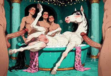 animal_genitalia animal_pussy anus balls bathing bathroom bestiality big_penis bodily_fluids butt dripping equine_anus equine_genitalia equine_pussy erection female feral fur genital_fluids genitals group hair interspecies looking_at_viewer male male/female navel nipples nude partially_submerged penile penis presenting pussy teats tongue water wet wet_body white_body diddlier equid equine horse human mammal hi_res