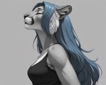 anthro black_clothing blue_hair breasts clothed clothing eyebrows eyelashes eyes_closed female fur grey_background grey_body grey_fur hair inner_ear_fluff long_hair shirt side_view simple_background solo tank_top topwear tuft whiskers white_body white_fur aphid butterwolf cougar felid feline mammal portrait