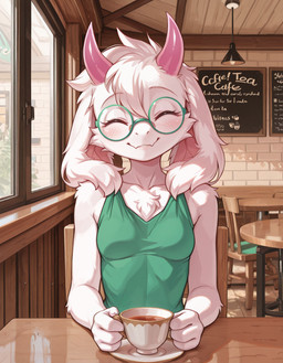 anthro blush blush_lines breasts cafe chair clothing collarbone container crossgender cup dress eyes_closed eyewear female front_view fur fur_tuft furniture glasses green_clothing green_dress happy horn inside mouth_closed mtf_crossgender on_chair sitting sitting_on_chair slim smile solo table tea_cup tuft upper_body white_body white_fur window anonymous_director deltarune undertale_(series) ralsei bovid caprine goat mammal hi_res