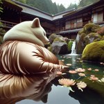 black_nose clothing female flower fur japanese_architecture looking_away looking_down moss obese obese_female outside overweight overweight_female partially_submerged photorealism plant reflection rock solo tree water waterfall wet wet_clothing white_body white_fur anonymous_director mammal mustelid