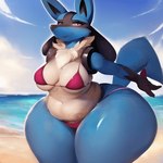 anthro beach bent_over big_butt bikini blue_body blue_fur breasts butt canid chest_tuft clothing female fur generation_4_pokemon leaning looking_at_viewer lucario mammal medium_breasts outside pokemon_(species) seaside seductive slightly_chubby smile solo standing swimwear thick_thighs tuft watbangdogi wide_hips