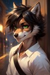 anthro black_hair brown_body brown_fur clothed clothing fully_clothed fur green_eyes hair light looking_at_viewer male solo urban urban_background white_body white_fur work_clothes shadowai_(director) canid canine canis mammal wolf