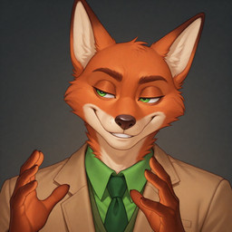 brown_body brown_fur clothing fur gesture green_clothing green_eyes hands male red_body red_fur simple_background smile smirk solo suit nnam_si3 disney zootopia nick_wilde canid canine fox mammal red_fox hi_res portrait