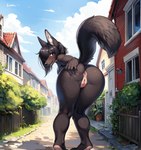 anthro anus black_body blush butt canid canine female genitals hair hi_res looking_at_viewer mammal nude outside presenting presenting_hindquarters pussy raised_tail solo traialas