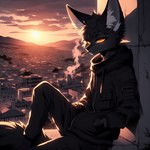 anthro black_body black_fur clothing fur male orange_eyes smoking solo lucifluffy kalenek_(lucifluffy) canid canine fennec fox mammal