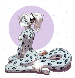 anthro blue_eyes claws femboy hair looking_at_viewer male pink_nose ponytail simple_background sitting smile snowflake solo spots tail toe_claws white_hair kibermozgai felid mammal pantherine snow_leopard absurd_res hi_res