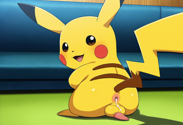 after_sex animal_genitalia animal_penis anus backsack balls black_eyes blush bodily_fluids butt cum cum_drip cum_from_ass cum_in_ass cum_inside cum_on_balls dripping erection feet feral fur furniture genital_fluids genitals inside leaking_cum looking_at_viewer looking_back looking_back_at_viewer male open_mouth open_smile penis perineum presenting presenting_anus rear_view sitting smile sofa solo tail tapering_penis tongue yellow_balls yellow_body yellow_fur jomisa nintendo pokemon generation_1_pokemon mammal pikachu pokemon_(species) rodent