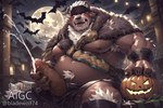 anthro balls bladewolf74 bodily_fluids cum cumshot ejaculation fangs food fruit genital_fluids genitals halloween holding_penis jack-o'-lantern kimun_kamui_(tas) male mammal masturbating masturbation nipples open_mouth overweight penile penile_masturbation penis plant pumpkin solo tokyo_afterschool_summoners ursid