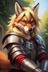 anthro armor blonde_hair brown_eyes fur hair knight male red_body red_fur solo warrior mindry galthus_(mindry) canid canine canis mammal red_wolf wolf