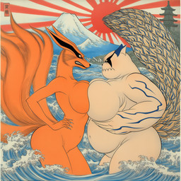 angry anthro big_breasts blush breast_squish breasts breasts_frottage butt claws duo female female_anthro fingers fox_spirit fur genitals hand_on_hip macro male markings mountain multi_tail mythology nude orange_body orange_fur orange_tail outside overweight overweight_anthro overweight_female partially_submerged red_eyes rule63 sea squish tail tan_body teeth text vein water gridanon naruto_(series) kurama shukaku canid canine fox mammal mythological_canine mythological_creature raccoon_dog tailed_beast tanuki hi_res japanese_text novelai