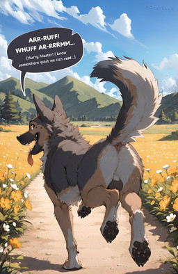 anatomically_correct anatomically_correct_anus anatomically_correct_genitalia anus balls bodily_fluids breath brown_eyes dialogue drooling feral field_background flower genitals happy hiking looking_at_viewer male mountains nature nature_background outside panting plant postepsilon running saliva solo speech_bubble tail_up tongue tongue_out canid canine canis domestic_dog german_shepherd herding_dog mammal pastoral_dog hi_res