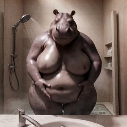 anthro bathroom breasts dialogue female grey_body hand_on_breast overweight overweight_female sauna shower solo talking_to_viewer splice common_hippopotamus hippopotamid mammal animated short_playtime webm