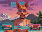 amazing_background anthro beach bikini clothing cloud collar detailed_background eyewear female glistening glistening_body looking_at_viewer mountains palm_tree pink_sky plant seaside smile solo standing sunglasses swimwear synthwave tree vaporwave anonymous_director canid canine fox mammal hi_res