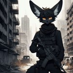 anthro black_body black_fur clothing fur gun male orange_eyes ranged_weapon solo weapon lucifluffy kalenek_(lucifluffy) canid canine fennec fox mammal