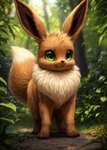 ambiguous_gender black_nose brown_body brown_fur chest_tuft chilon249 day depth_of_field detailed_background dipstick_tail eevee eeveelution facial_tuft feet feral fluffy fluffy_tail forest fur generation_1_pokemon grass green_eyes leaf mammal markings neck_tuft outside photorealism plant pokemon_(species) quadruped smile solo standing tail_markings toes tree tuft white_body white_fur