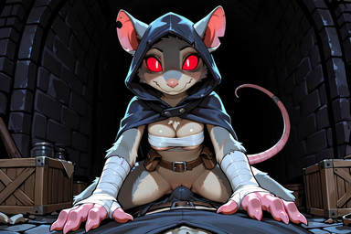 alley anthro belt belt_pouch black_cloak bottomless bottomless_female bottomwear box breasts bulge chest_wraps cloak clothed clothed_male clothing container dominant dominant_female duo faceless_character faceless_male female first_person_view fur genitals grey_body grey_ears grey_fur hooded_cloak male male/female male_human notched_ear pants partially_clothed pink_inner_ear pink_nose pinned pupils pussy red_sclera shirt smile stone_floor stone_wall straddling submissive submissive_male tail topwear wall_(structure) white_pupils wraps wrist_wraps human mammal murid murine rodent skaven