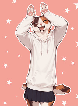 anthro bottomwear clothing dancing fur happy male mottled multicolored_body multicolored_fur open_mouth pawpads paws piebald simple_background skirt smile solo star sweater topwear cerinil caramelldansen meme_2026 ceri_(cerinil) calico_cat domestic_cat felid feline felis mammal absurd_res animated hi_res