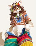 anthro blush bottomwear breasts clothing crotch_tuft embarrassed female flashing flower fur hair hippie jewelry pants plant pubes shirt shy solo tan_body tan_fur topwear tuft unknown_director canid canine canis mammal wolf colorful hi_res