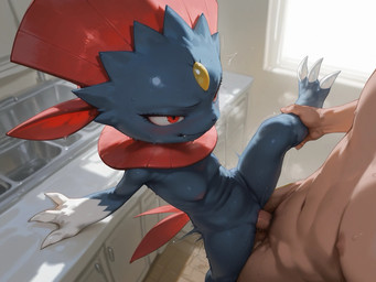 anthro bodily_fluids breasts claws duo female human_on_anthro interspecies male male/female nipples penetration red_eyes sex vaginal vaginal_penetration dot_8 nintendo pokemon generation_4_pokemon human mammal pokemon_(species) weavile hi_res