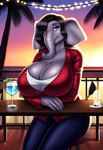 animal_ears anthro bar big_breasts black_hair blue_eyes bottomwear breasts choker clothed clothing curvy_figure denim denim_clothing female female_anthro hair huge_breasts jeans jewelry large_breasts long_hair looking_at_viewer mature_female narrowed_eyes necklace pants seductive solo topwear voluptuous majorfluffy_(director) elephant elephantid mammal proboscidean hi_res