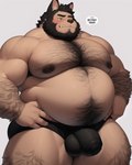 anthro balls big_balls big_penis body_hair bulge canid canine chest_hair clothing eyebrows genitals genny hairy hands_on_hips huge_penis male mammal musclegut muscular nipples overweight pecs penis pubes solo speedo swimwear teeth thick_eyebrows