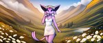 anthro clothing day detailed_background dress female flower flower_crown flower_field fur happy looking_at_viewer pink_body pink_fur plant purple_eyes smile solo standing asp791_(director) nintendo pokemon eeveelution espeon felid feline felis generation_2_pokemon mammal pokemon_(species) absurd_res hi_res signature